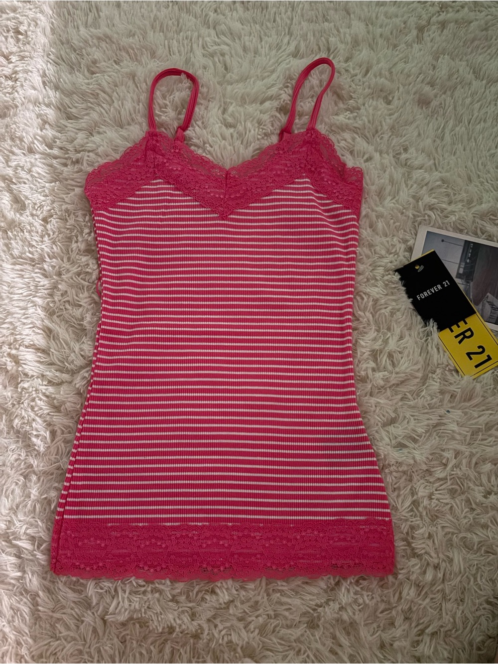 Forever 21 Pink & White Striped Lace-Trim Cami